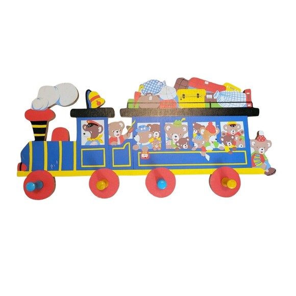 Vintage Grossman Train Bear Wall Hanging Coat or Hat Rack 4 Pegs Baby Germany - Picture 1 of 9